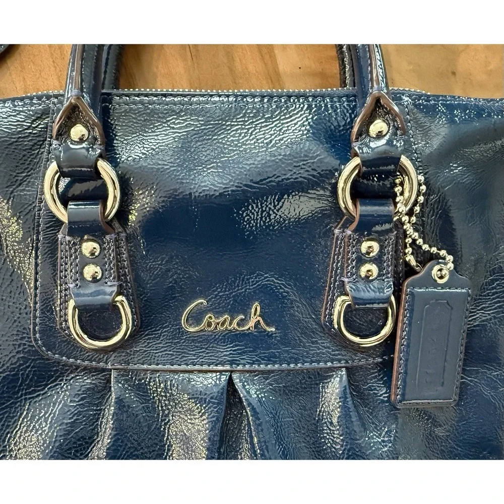 Coach Ashley Satchel Navy Blue Crinkled Patent Leather Convertible Design